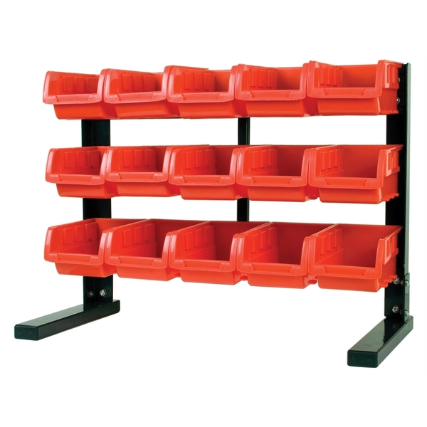 Performance Tool Table Top Storage Rack with 15 Red Plastic Bins, Steel Frame, 21-1/4 in. W x 16-3/4 in. H x 10-7/8 i W5186